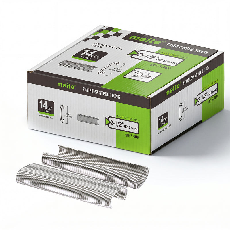 Meite USA one box of 14 gauge 2-1/4" crown 304 stainless steel hog rings at 5000 pieces per box, displayed on a white background