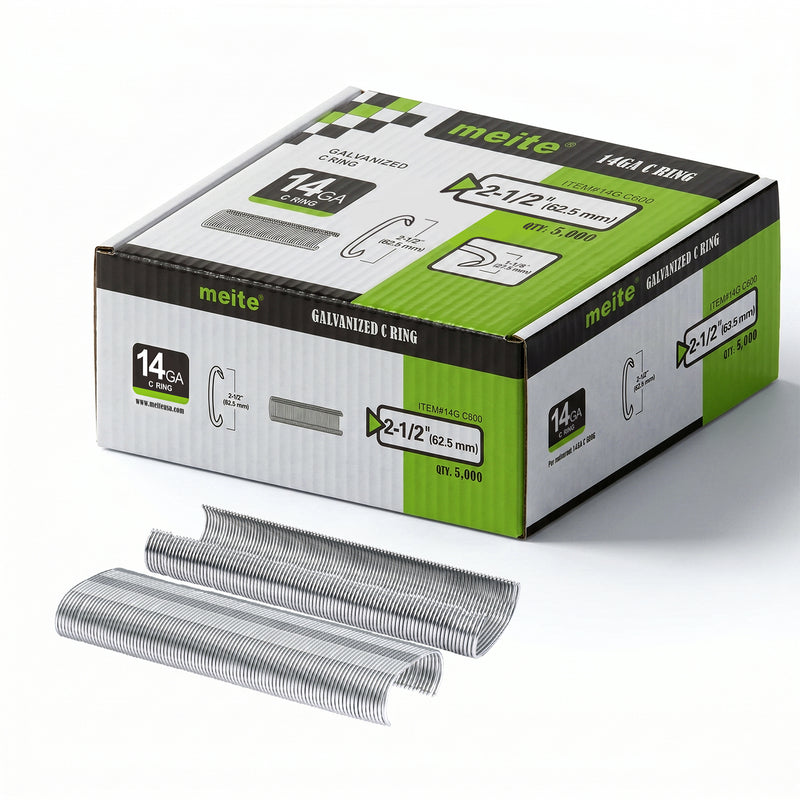 Meite USA one box of 14 gauge 2-1/4" crown hog rings at 5000 pieces per box, displayed on a white background