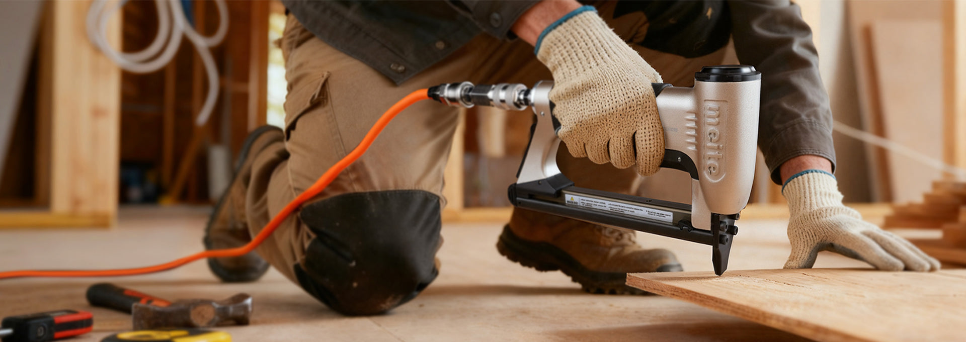 Meite USA pneumatic stapler on wood during construction, showcasing professional woodworking and fastening tools.