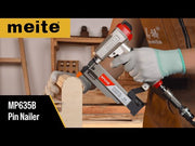 meite USA MP635B 22Ga pneumatic pin nailer demonstration video showing product features, compatible staples, and nailing performance on different materials