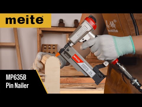 meite USA MP635B 22Ga pneumatic pin nailer demonstration video showing product features, compatible staples, and nailing performance on different materials