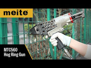 Meite USA MTC560 14Ga 1-1/2" Crown Pneumatic Hog Ringer demonstration video showing product features, compatible staples, and nailing performance on different materials