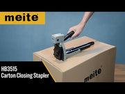meite USA HB3515 carton closing stapler demonstration video showing product features, compatible staples, and nailing performance on different materials