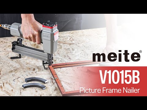 Meite USA V1015B picture frame nailer video demonstration showing features, compatible nails, and real-time picture frame stapling.