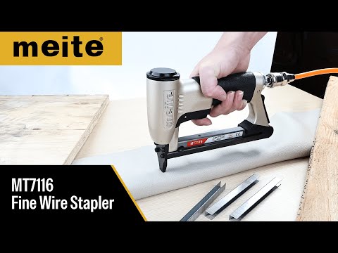 meite USA MT7116 pneumatic stapler demonstration video showing product features, compatible staples, and nailing performance on different materials
