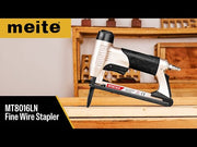 meite USA MT8016LN 1/2'' crown pneumatic stapler demonstration video showing product features, compatible staples, and nailing performance on different materials