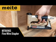 meite USA MT8016S 1/2'' crown pneumatic stapler demonstration video showing product features, compatible staples, and nailing performance on different materials