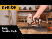 Product video of the meite USA 7116BL 22Ga Long Nose Upholstery Stapler, showing features, compatible staples, and fastening demonstration.
