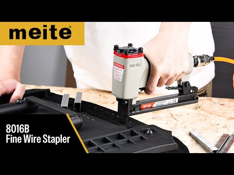 Product video of the meite USA 8016B 21Ga Long Nose Upholstery Stapler, showing features, compatible staples, and fastening demonstration.