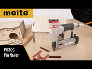 Product video of the meite USA P630C 23Ga pin nailer, showing features, compatible staples, and fastening demonstration.