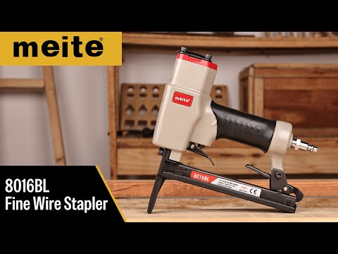 Product video of the meite USA 8016BL 21Ga Long Nose Upholstery Stapler, showing features, compatible staples, and fastening demonstration.
