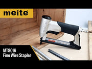 meite USA MT8016 1/2'' crown pneumatic stapler demonstration video showing product features, compatible staples, and nailing performance on different materials