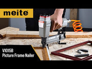 Meite USA V1015B picture frame nailer video demonstration showing features, compatible nails, and real-time picture frame stapling.