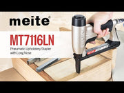 meite USA MT7116LN pneumatic stapler demonstration video showing product features, compatible staples, and nailing performance on different materials