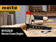 meite USA MT432KLM pneumatic stapler demonstration video showing product features, compatible staples, and nailing performance on different materials