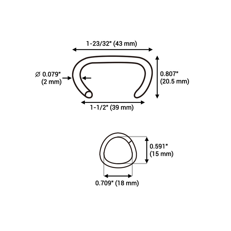 Sketch size information Meite USA 14 gauge 1-1/2" crown hog rings, 18mm closure diameter, 1-1/2 inch inter crown, and 1-23/32 inch outer crown 
