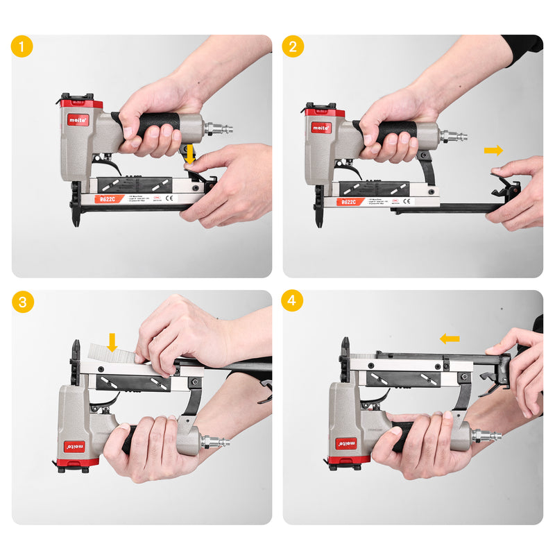 23-gauge pin nailer loading with sharp points facing nose