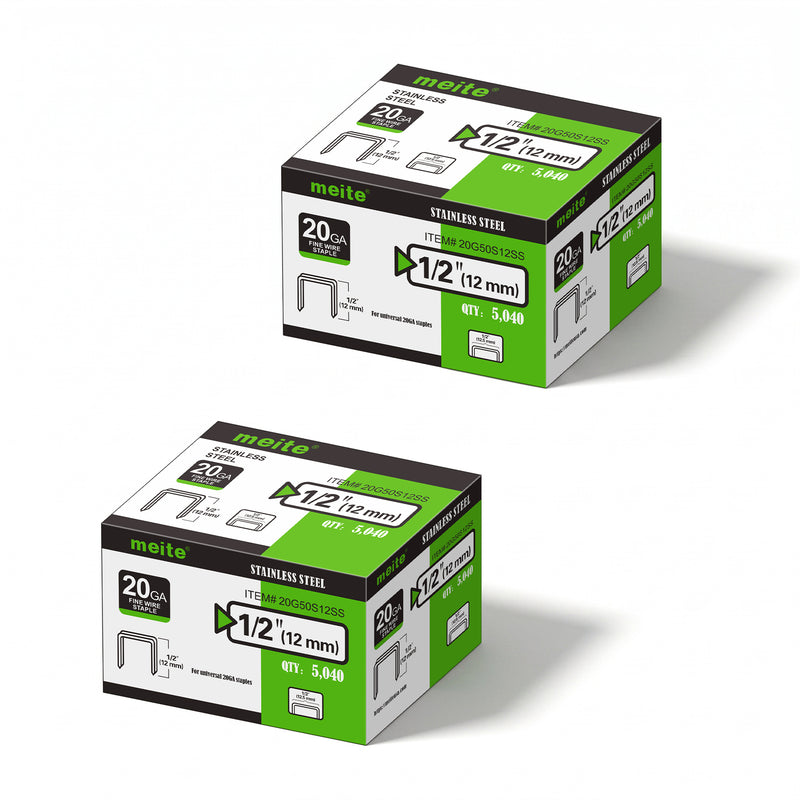 Meite USA two boxes of 20Ga 1/2-inch crown 1/2'' length 304 stainless steel upholstery staples with 5040 pieces per box on a white background, shown with two rows of galvanized staples in front