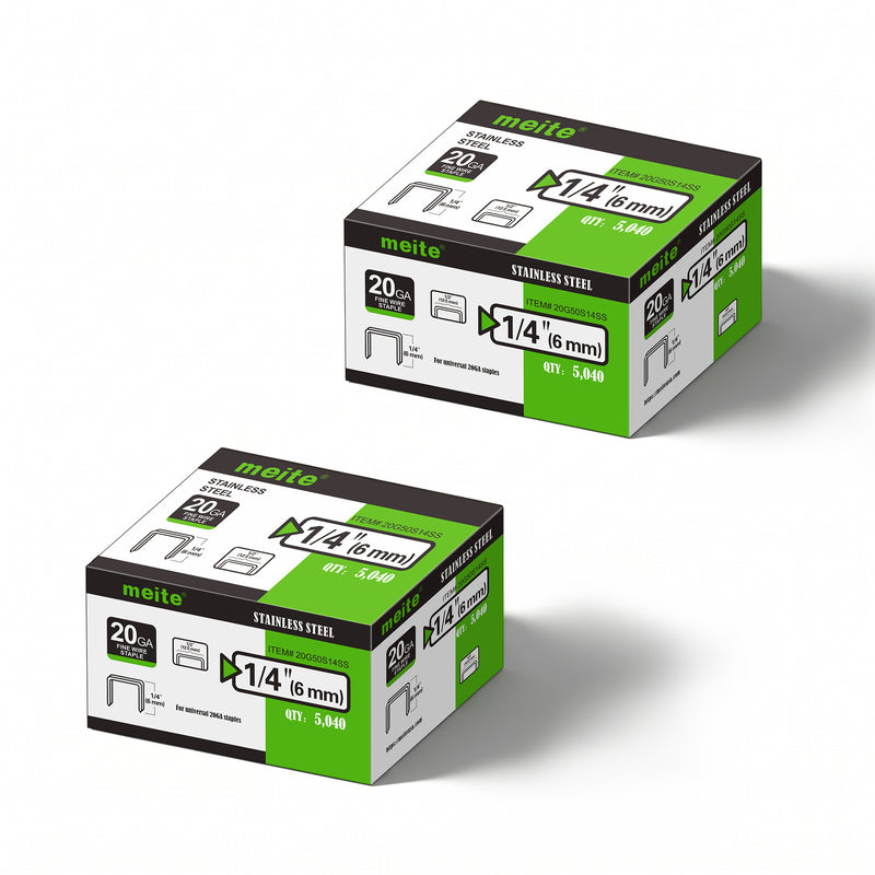 Meite USA two boxes of 20Ga 1/2-inch crown 1/4'' length 304 stainless steel upholstery staples with 5040 pieces per box on a white background, shown with two rows of galvanized staples in front