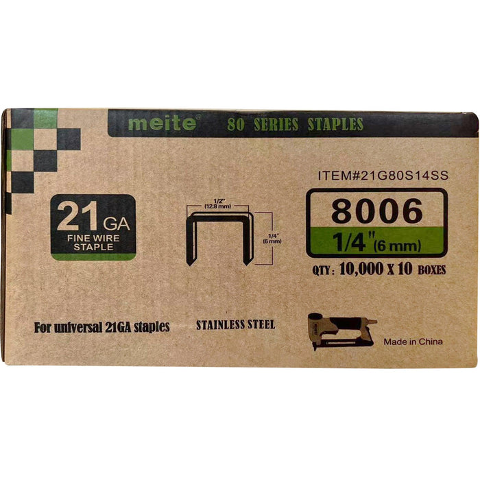 21 Gauge 80 Series 1/2" Crown 1/4" to 1/2" Leg Length 304 Stainless Steel Staples - MEITE USA