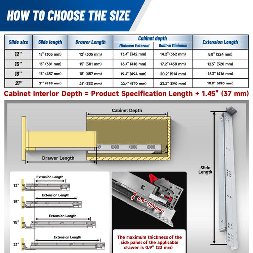 Soft Close Undermount Drawer Slides 12-21 Inch Full Extension Ball Bearing (1 Pair) - MEITE USA