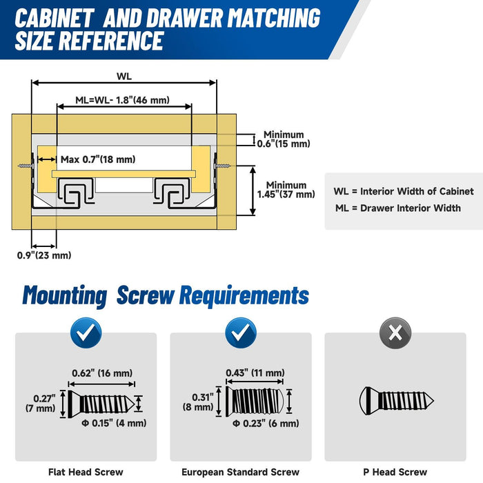 Soft Close Undermount Drawer Slides 12-21 Inch Full Extension Ball Bearing (1 Pair) - MEITE USA