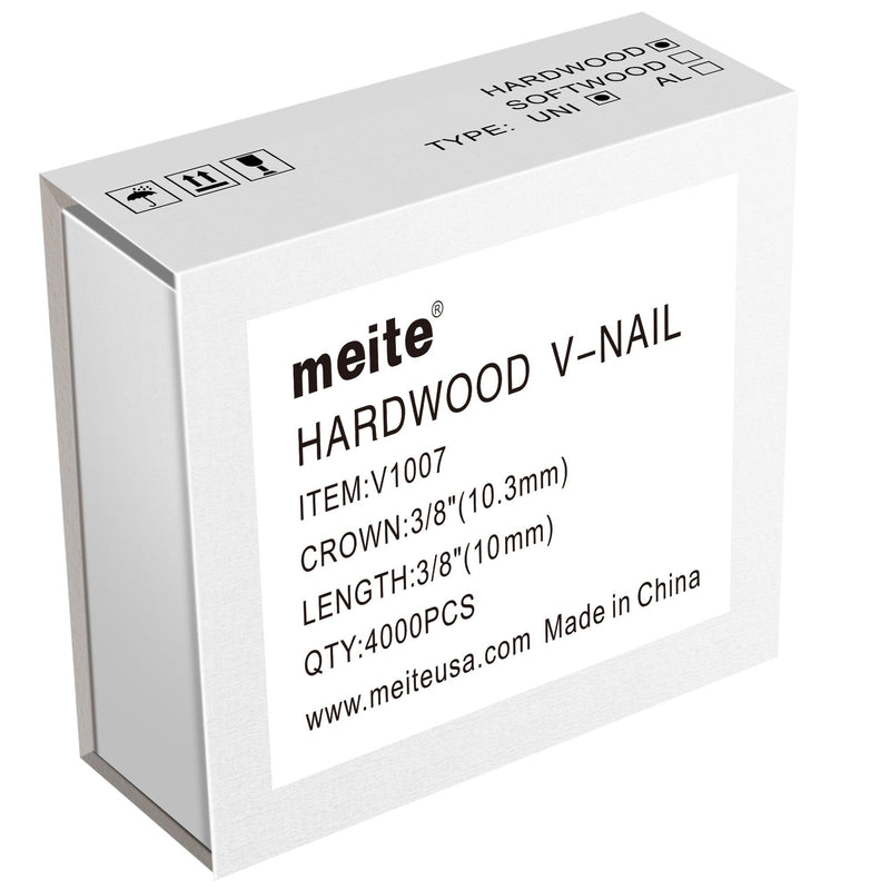 One box of meite USA V1007 hardwood V-nails with 3/8-inch crown, 10 mm length and 4,000 pieces on a white background