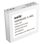 One box of meite USA V1007 hardwood V-nails with 3/8-inch crown, 7 mm length and 4,000 pieces on a white background