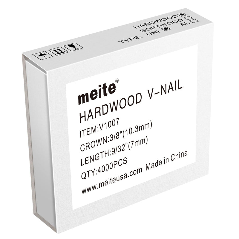 One box of meite USA V1007 hardwood V-nails with 3/8-inch crown, 7 mm length and 4,000 pieces on a white background